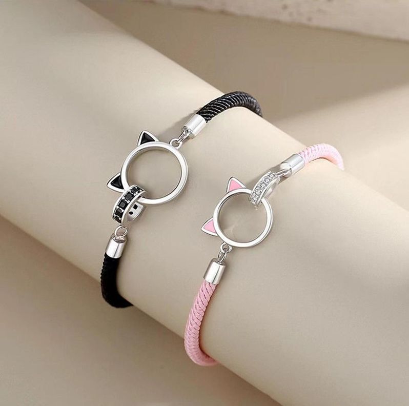 Pulseras Plata 925 Doble Anillo Gatos Parejas Zirconia-4