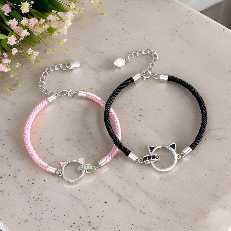 Pulseras Plata 925 Doble Anillo Gatos Parejas Zirconia-5