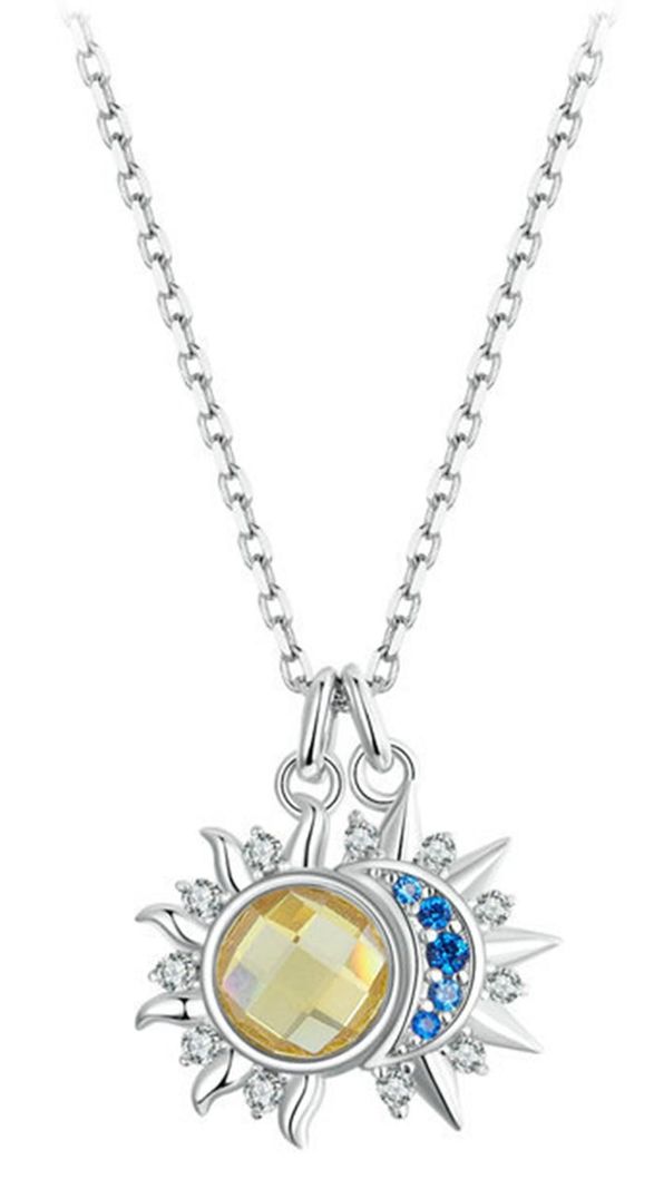 Collar Plata 925 Doble Dije Sol Luna y Estrellas Mujer Joyas-0