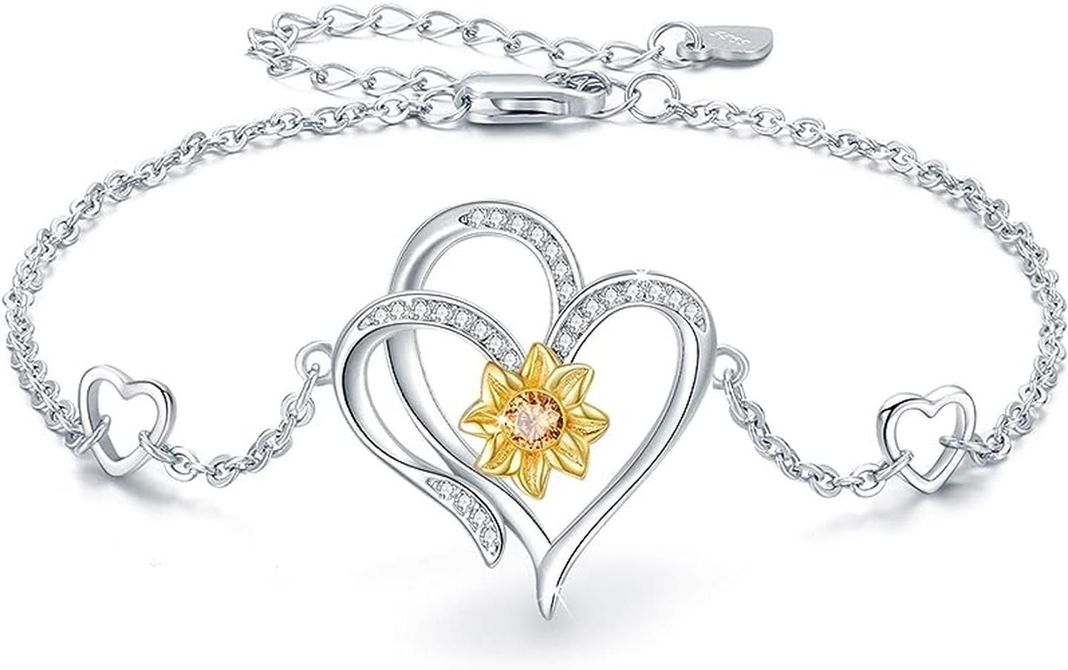 Pulsera Brazalete Plata 925 Girasol Doble Corazon Mujer-0