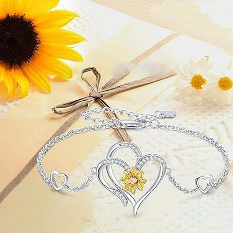 Pulsera Brazalete Plata 925 Girasol Doble Corazon Mujer-2