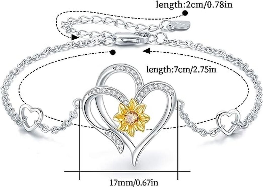 Pulsera Brazalete Plata 925 Girasol Doble Corazon Mujer-3
