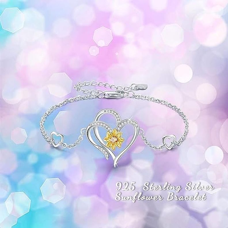 Pulsera Brazalete Plata 925 Girasol Doble Corazon Mujer-4