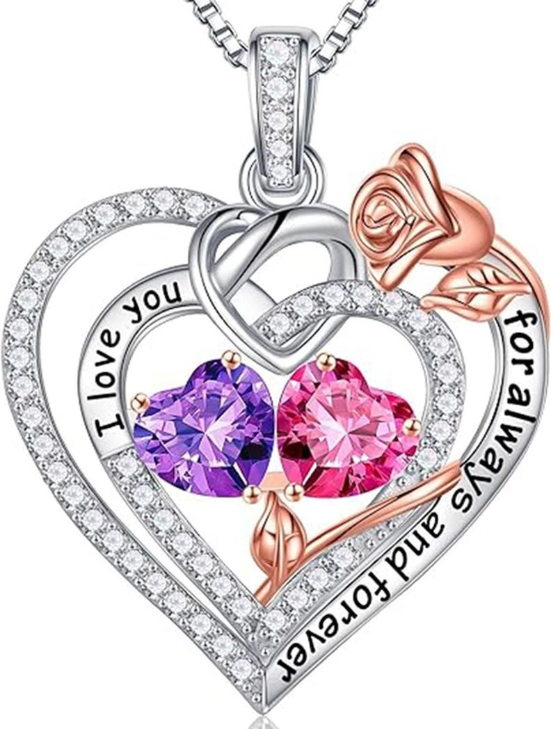 Collar Plata 925 Rosa Corazones Oro Rosa Mujer Regalo Joyas-0