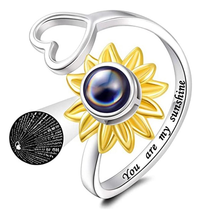 Anillo Plata 925 Girasol Corazon Te Amo 100 Idiomas Regalo-0