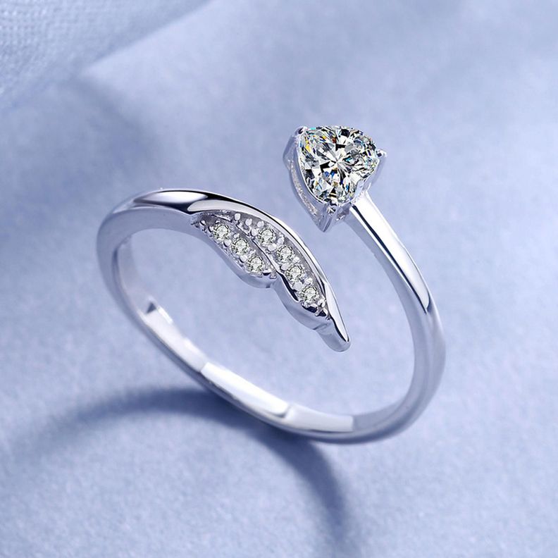 Anillo Plata 925 Ala Ángel Corazón Diseño Ajustable Elegante-2
