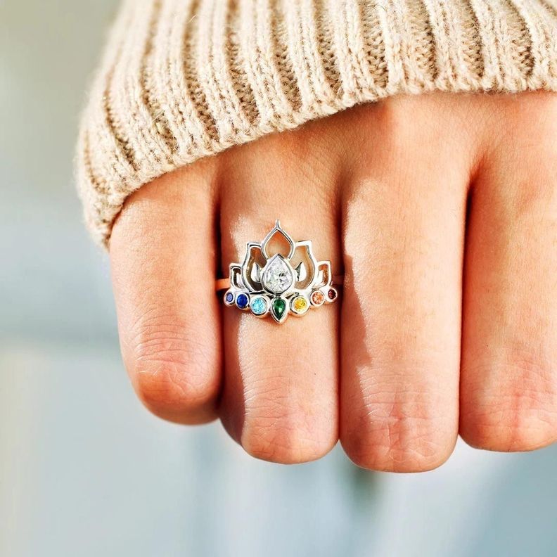 Anillo Plata Fina 925 Flor De Loto Moissanitas Colores-1