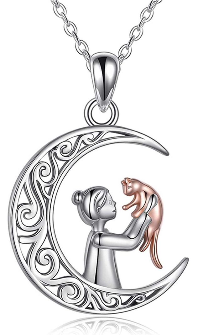 Collar Plata Fina S925 Luna Chica Mujer Gato Joyas Regalo-0