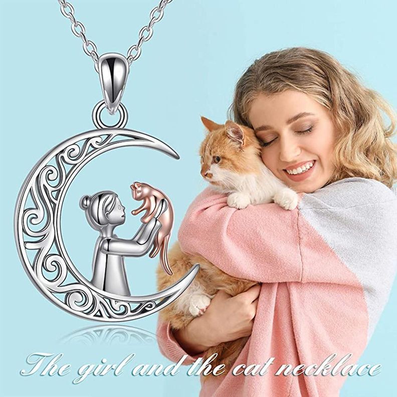 Collar Plata Fina S925 Luna Chica Mujer Gato Joyas Regalo-1