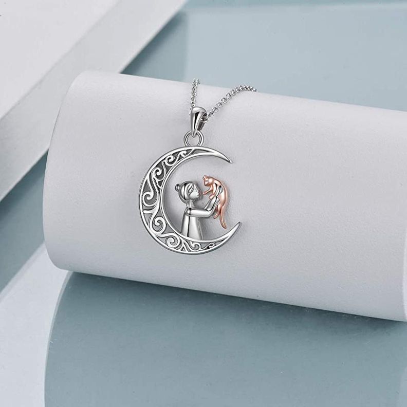 Collar Plata Fina S925 Luna Chica Mujer Gato Joyas Regalo-4