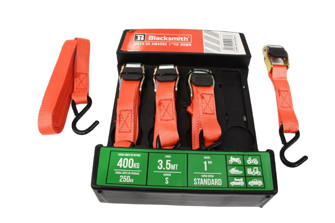 Kit 4 Cintas De Amarre 1 PuLG X 3.5 Mts - Capacidad 400 Kg Rojo