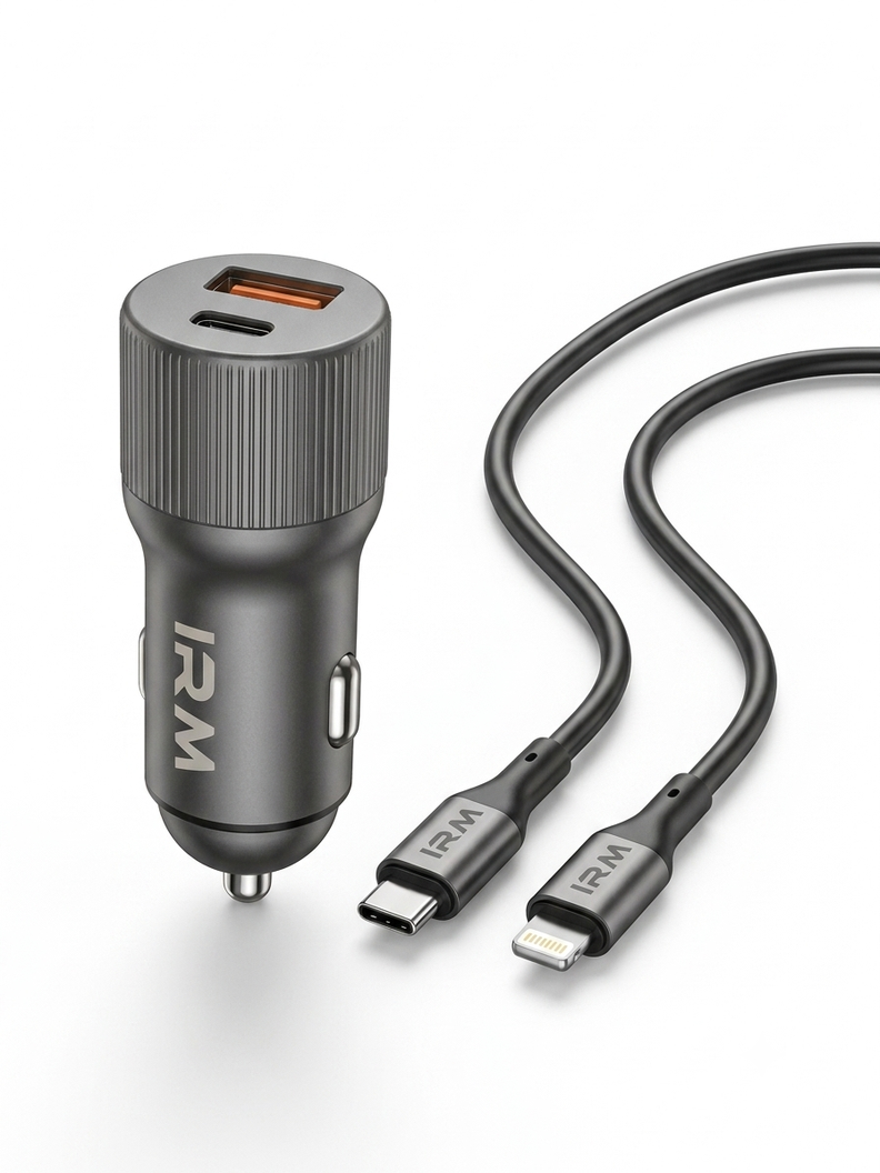 Cargador Rapido 45w de Celular Para Auto Ir51 IRM Con Cable Lightning Negro