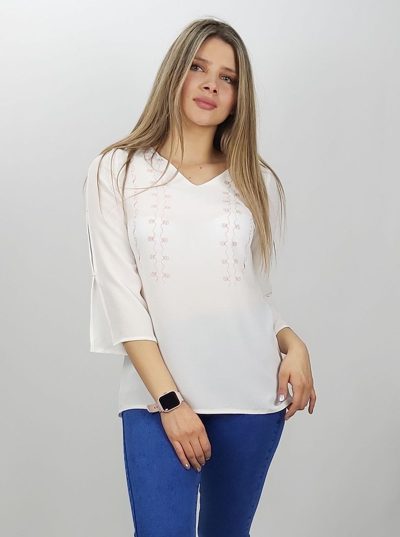 Polera blanca bordada coral-0