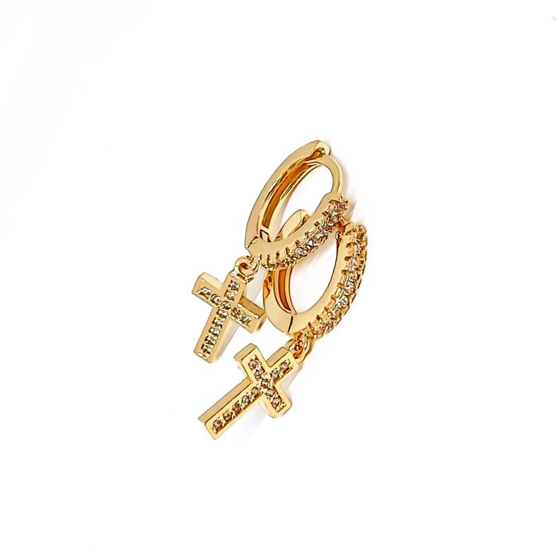 Aros Argolla Cruz Circón Enchapado Oro 18K-1