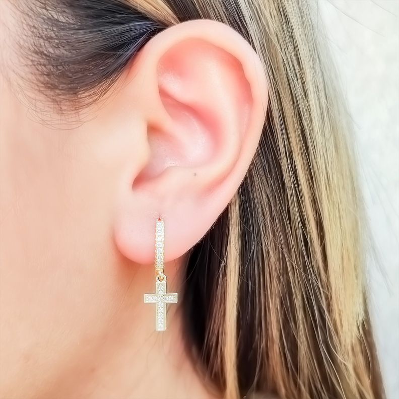 Aros Argolla Cruz Circón Enchapado Oro 18K-3