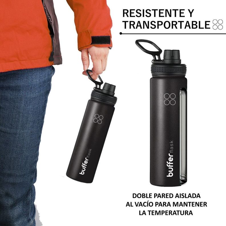 Termo Botella Agua Termica Buffer Acero Inoxidable +4 Tapas Negro-5