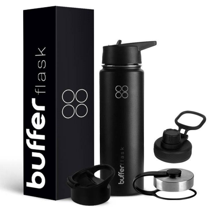 Termo Botella Agua Termica Buffer Acero Inoxidable +4 Tapas Negro-0
