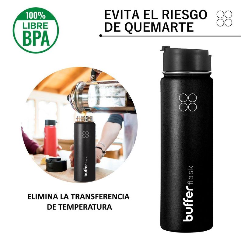 Termo Botella Agua Termica Buffer Acero Inoxidable +4 Tapas Negro-3