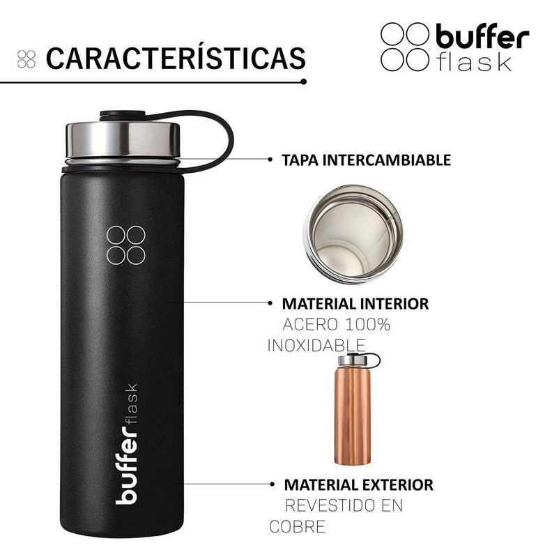 Termo Botella Agua Termica Buffer Acero Inoxidable +4 Tapas Negro-4