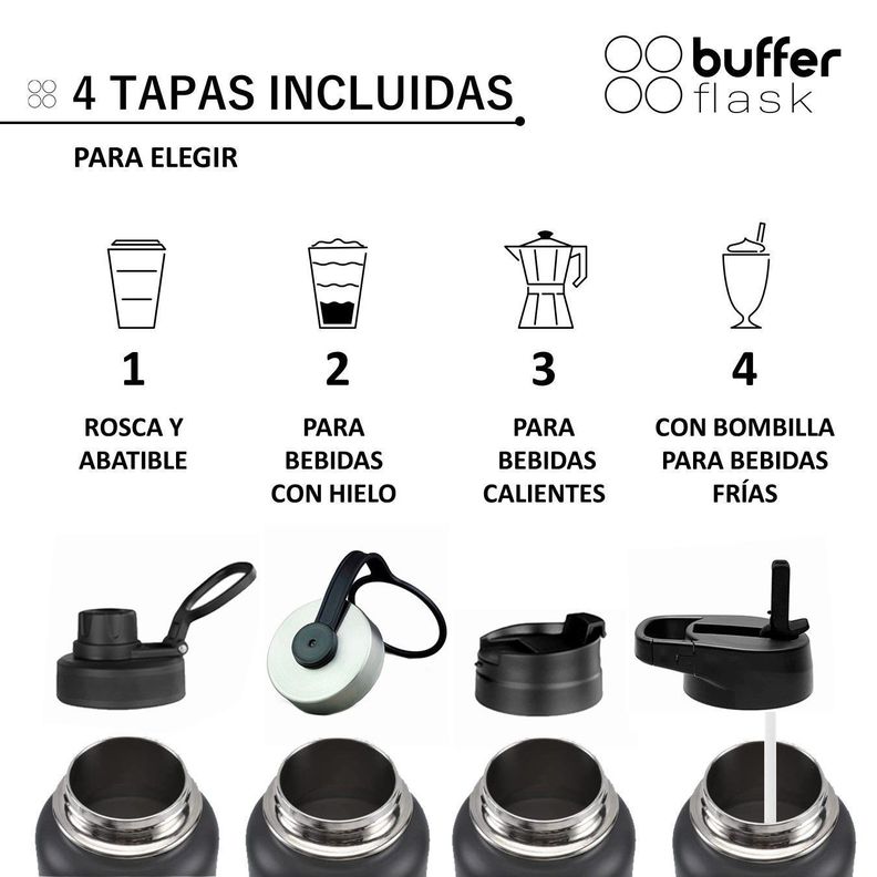 Termo Botella Agua Termica Buffer Acero Inoxidable +4 Tapas Negro-1