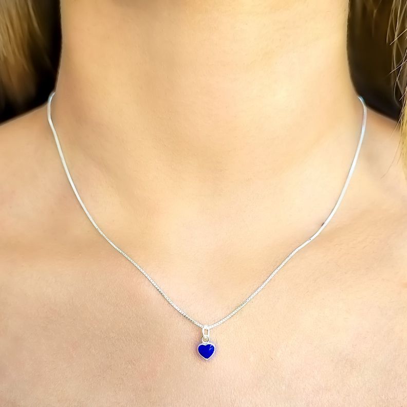 Collar Corazón Azul Esmaltado Mini Plata Fina 925-2
