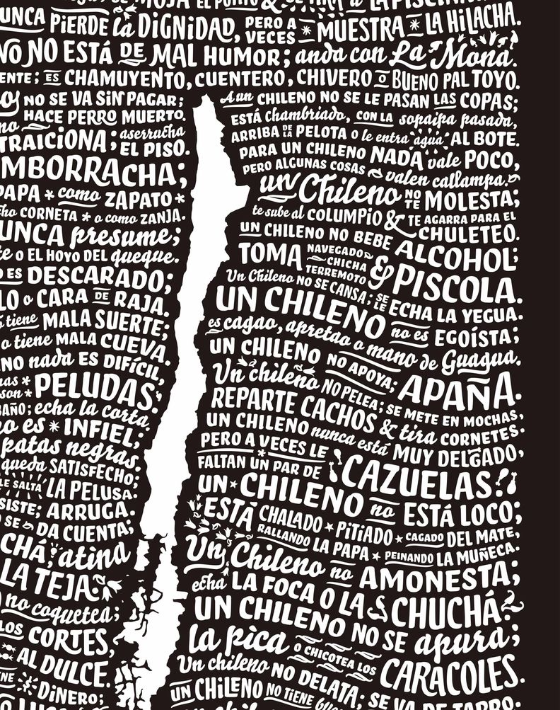 Mapa de Chile con frases típicas (Negro) - Lámina-1