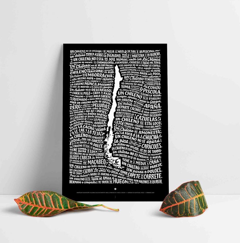 Mapa de Chile con frases típicas (Negro) - Lámina-3