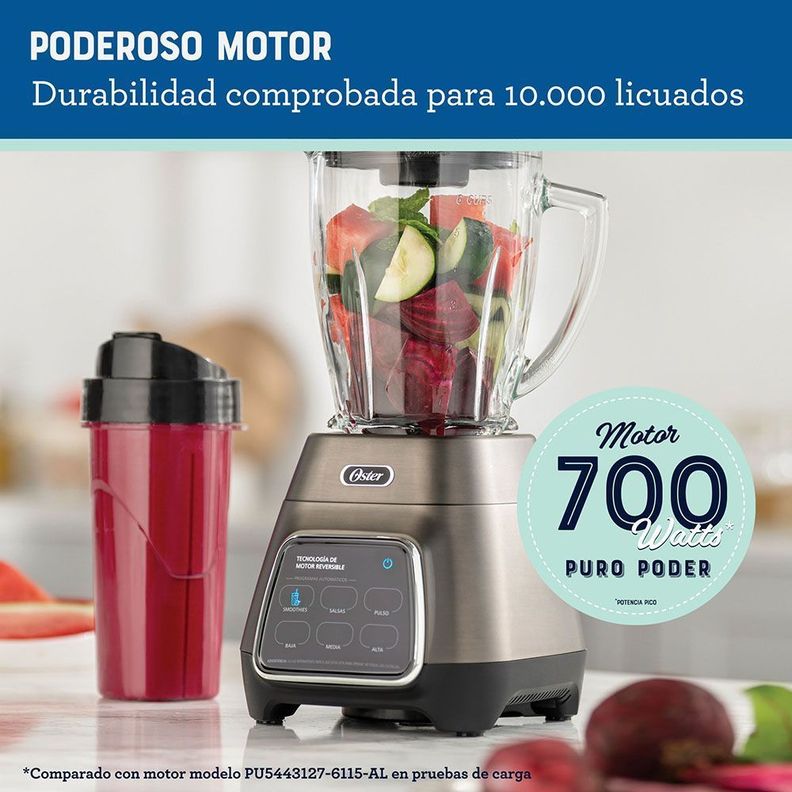 Licuadora Oster® programas automáticos con tecnología reversible, pantalla táctil y vaso BLend-N-Go BLSTPYG1312XBG-3