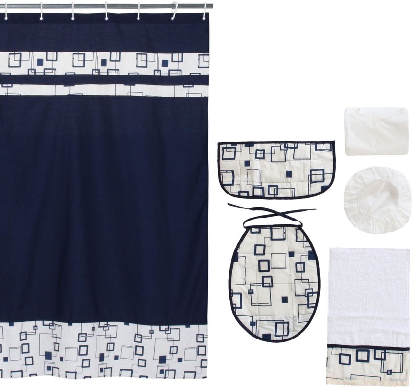 Cortina y Set de baño 7 piezas 180 x 180 cms azul cuadrados azules-0