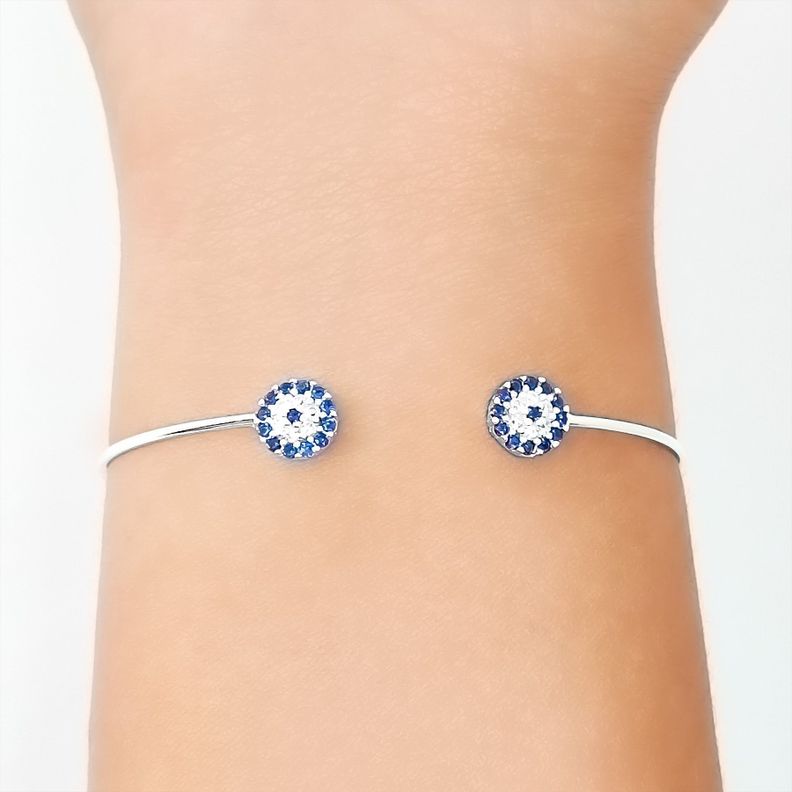 Pulsera Esclava Dos Ojos Turcos Circones Plata Fina 925-2