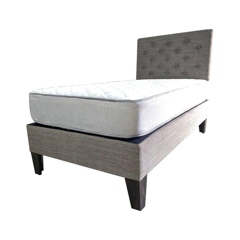 Cama Americana 1P + Colchon de resortes + Respaldo Gris Lino Pmadera-0