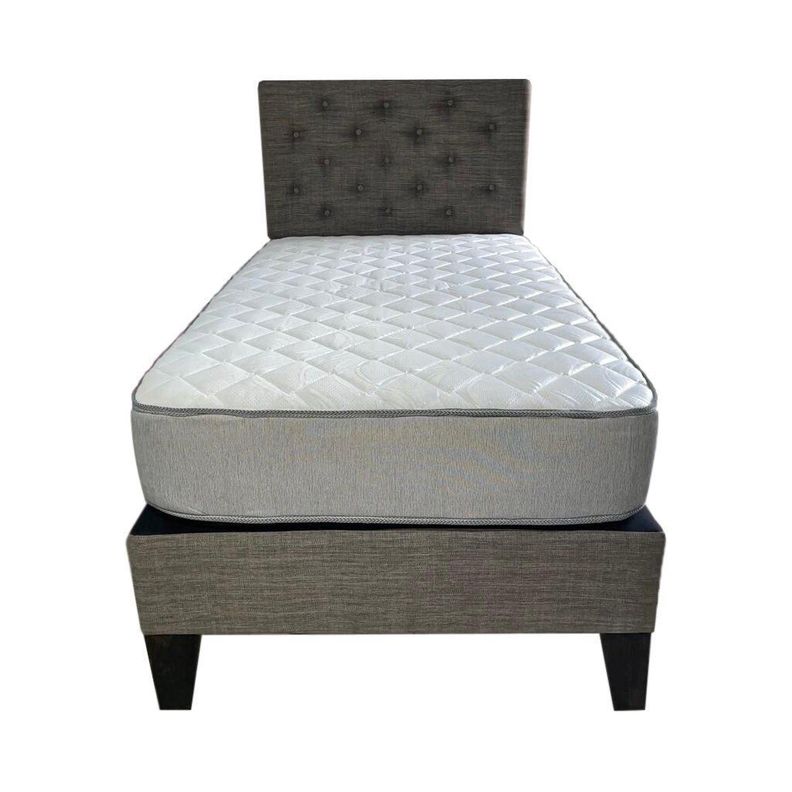 Cama Americana 1P + Colchon de resortes + Respaldo Gris Lino Pmadera-1