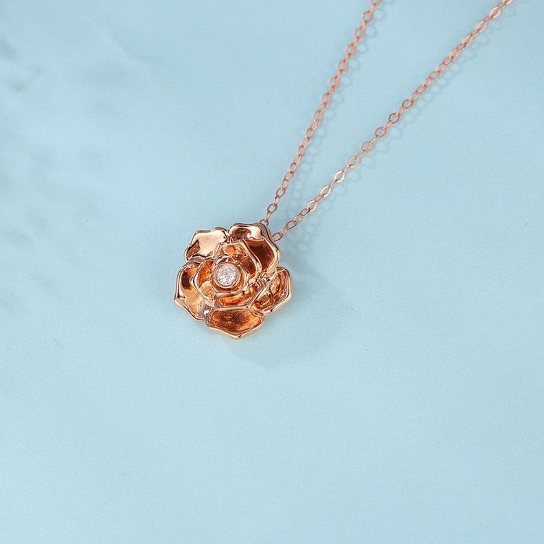 Cadena Eslabones Oro Rosado 18k Colgante Rosa 18k Diamante 1 Punto-1