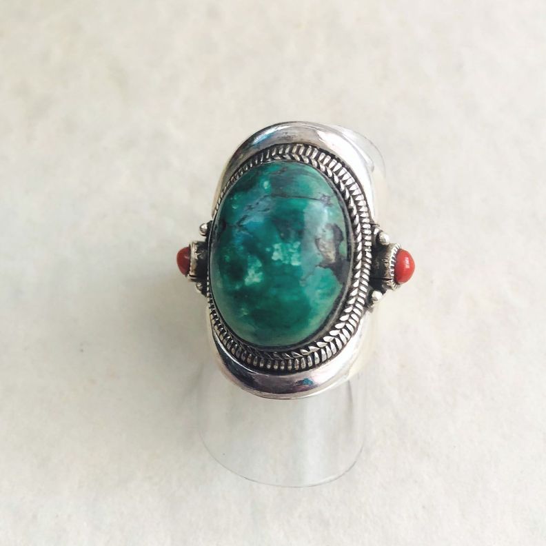 Anillo Turquesa y Coral Rojo en Plata 925-2
