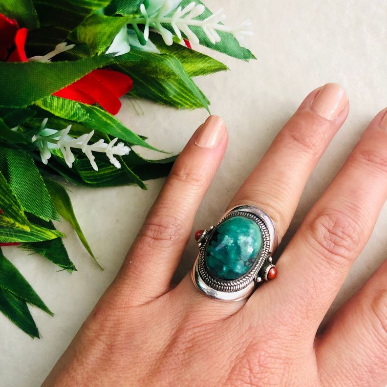Anillo Turquesa y Coral Rojo en Plata 925-1