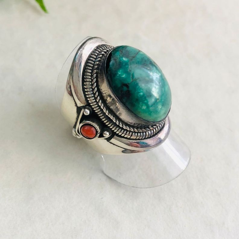 Anillo Turquesa y Coral Rojo en Plata 925-0