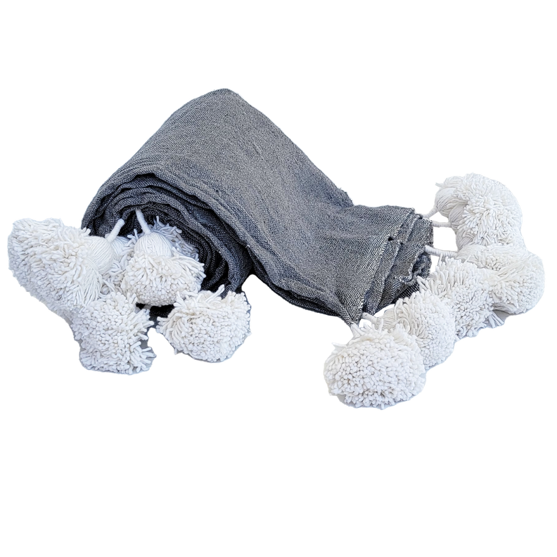 Manta Gris de Algodón con Pompones-0