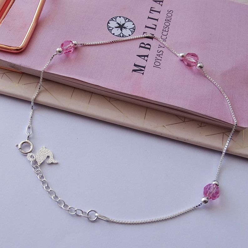 Tobillera De Plata 925 Con Cristal Rosa - MABELITA-1