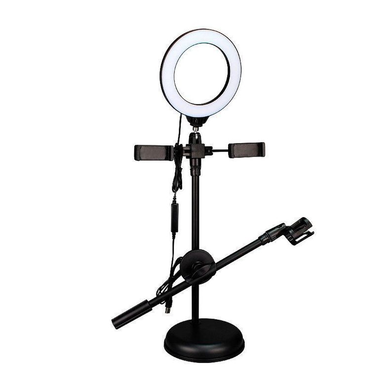 Aro de Luz LED 6" 2 Soportes Teléfono + Base Micr-0
