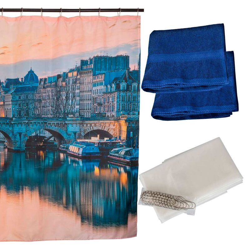 Set Cortina Baño Budapest y  Jgo de Toallas Azul-0