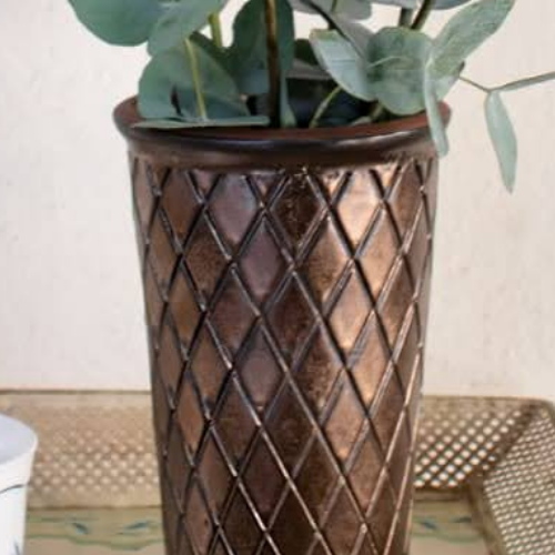 Florero Ceramico Centro de Mesa, Color Bronce, textura rombo, Cilindrico 20cm -1