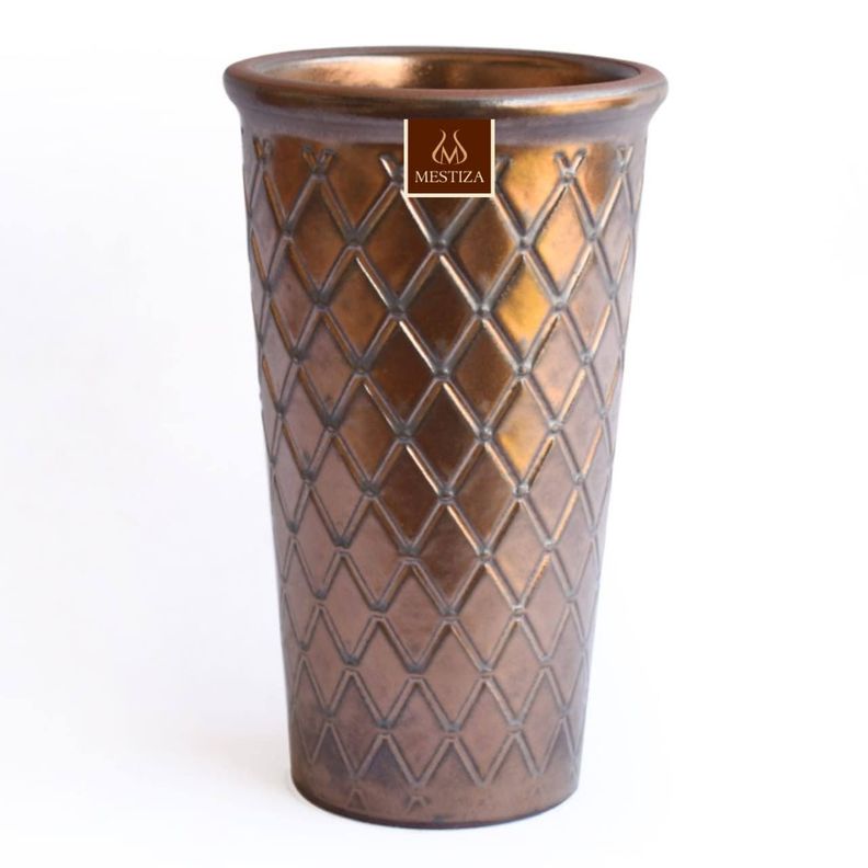 Florero Ceramico Centro de Mesa, Color Bronce, textura rombo, Cilindrico 20cm -0