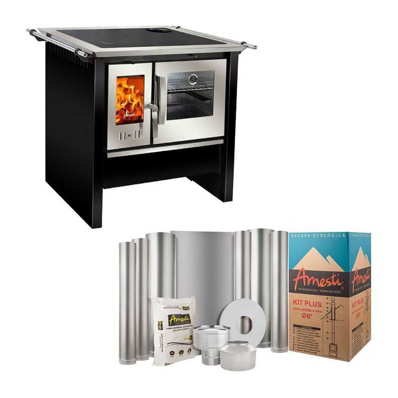 COMBO COCINA A LEÑA ALLEGRA NEGRA AMESTI+KIT INSTALACION 5"-0