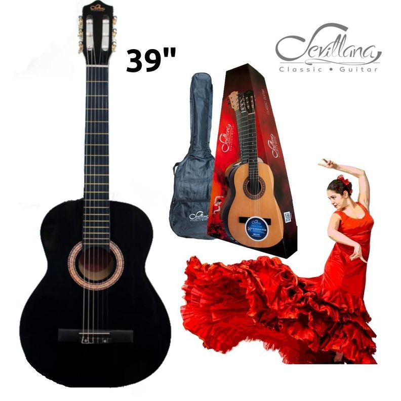 Guitarra Sevillana Negra 39 Pulgadas Con Alma Y Funda-1