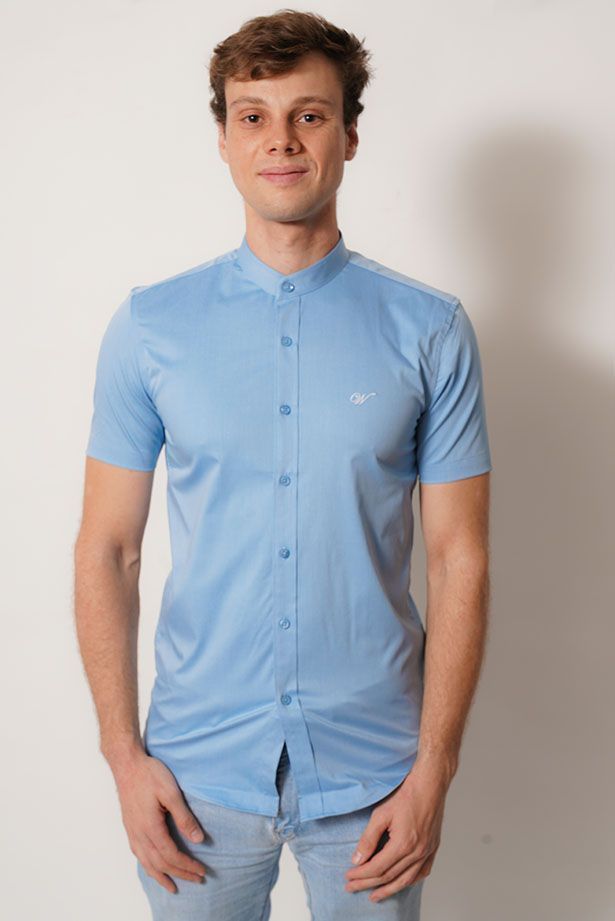 camisa cuello mao  color celeste cielo manga corta fit-0