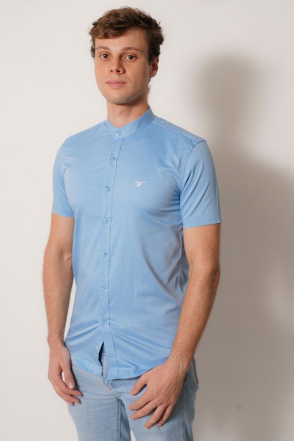 camisa cuello mao  color celeste cielo manga corta fit-1
