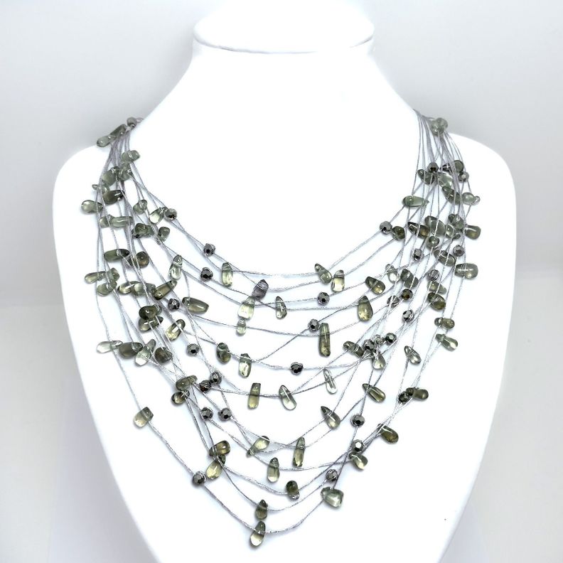 Collar Cuarzo Fumé Hilo Seda Plateado-0