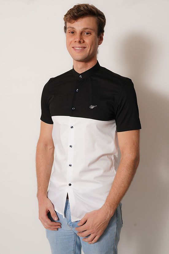 Camisa cuello Mao Color negro y blanco 100% fit-2