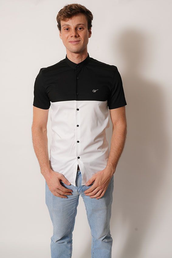 Camisa cuello Mao Color negro y blanco 100% fit-0