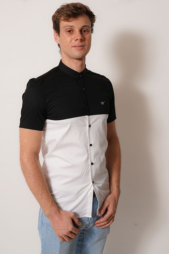 Camisa cuello Mao Color negro y blanco 100% fit-1